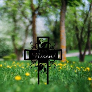 Personalized Floral Cross He is risen Memorial Sign Yard Stakes Grave Marker Cemetery Decor Custom Metal Sign 3