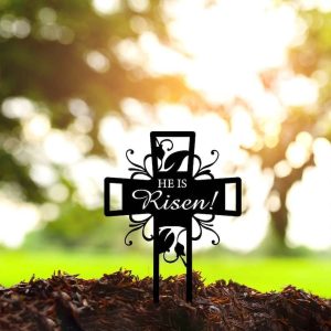 Personalized Floral Cross He is risen Memorial Sign Yard Stakes Grave Marker Cemetery Decor Custom Metal Sign 4