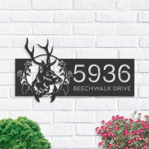 Personalized Floral Deer Head Address Sign House Number Plaque Custom Metal Sign 1