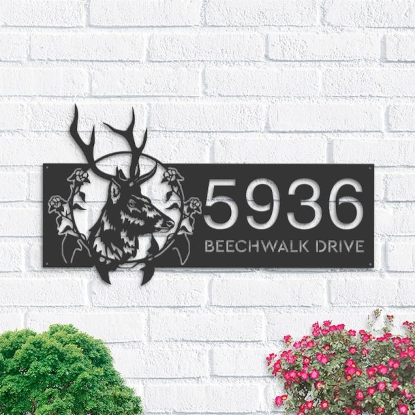 Personalized Floral Deer Head Address Sign House Number Plaque Custom Metal Sign