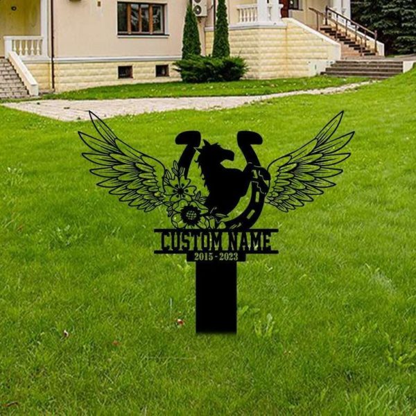 Personalized Floral Horse with Wings Memorial Sign Yard Stakes Horse Grave Marker Cemetery Decor Custom Metal Sign