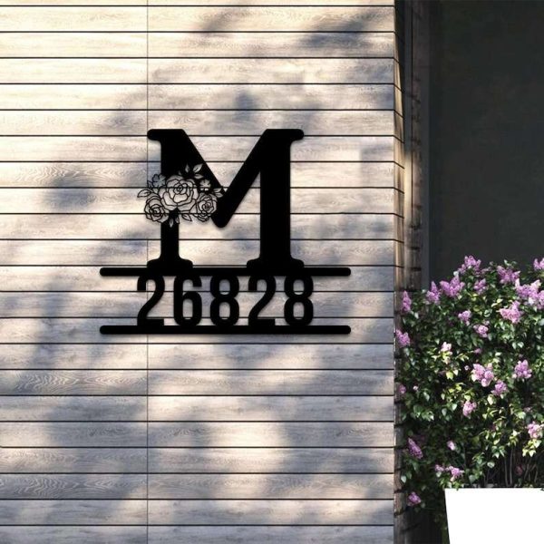 Personalized Floral Initial Letter Monogram  Address Sign House Number Plaque Custom Metal Sign