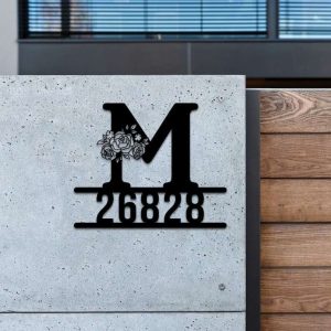 Personalized Floral Initial Letter Monogram Address Sign House Number Plaque Custom Metal Sign 2