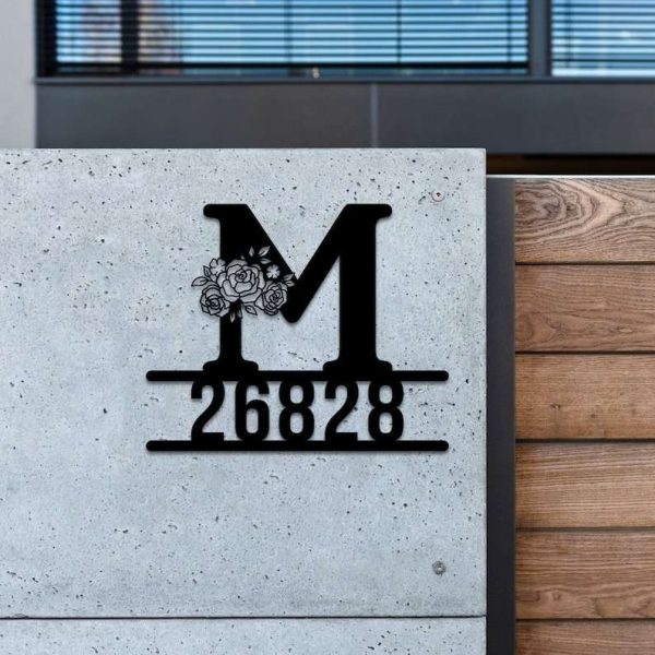 Personalized Floral Initial Letter Monogram  Address Sign House Number Plaque Custom Metal Sign