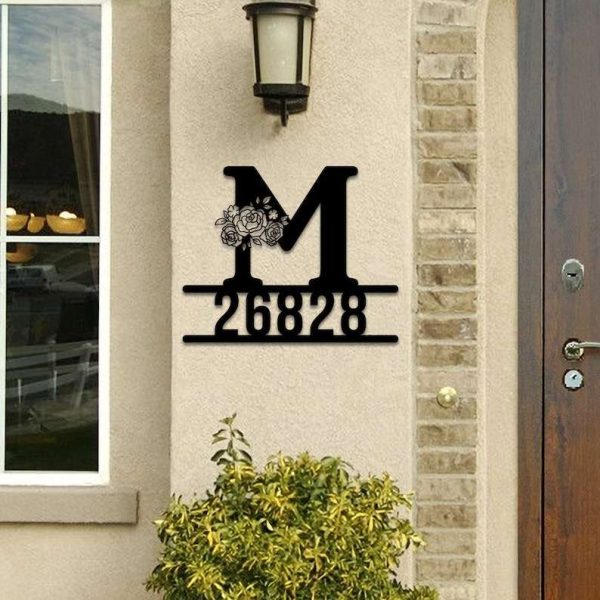 Personalized Floral Initial Letter Monogram  Address Sign House Number Plaque Custom Metal Sign