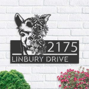 Personalized Floral Llama Animal Address Sign House Number Plaque Custom Metal Sign 1