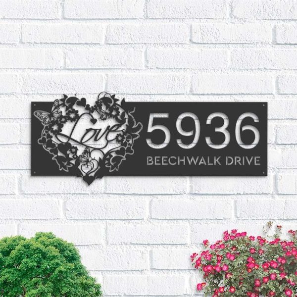 Personalized Floral Love Heart Butterfly Garden Address Sign House Number Plaque Custom Metal Sign