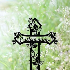 Personalized Flower Cross Memorial Sign Yard Stakes Mom Nana Grave Marker Cemetery Decor Custom Metal Sign 1