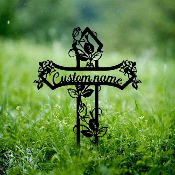 Personalized Flower Cross Memorial Sign Yard Stakes Mom Nana Grave Marker Cemetery Decor Custom Metal Sign