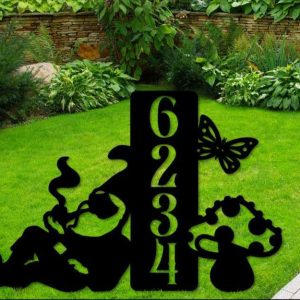 Personalized Funny Gnome with Pipe Address Sign House Number Plaque Custom Metal Sign