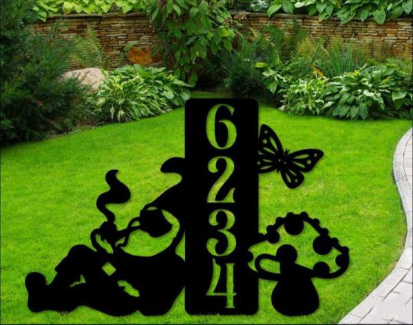 Personalized Funny Gnome with Pipe Address Sign House Number Plaque Custom Metal Sign