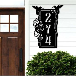 Personalized Garden Floral Address Sign Hummingbirds Rose Vertical House Number Plaque Custom Metal Sign