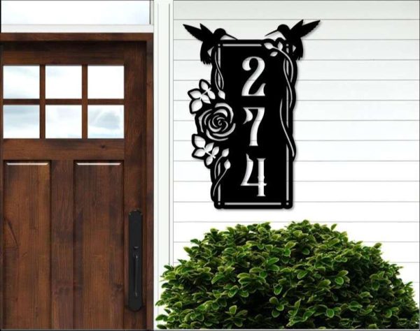 Personalized Garden Floral Address Sign Hummingbirds Rose Vertical House Number Plaque Custom Metal Sign