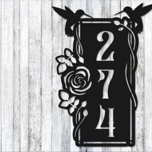 Personalized Garden Floral Address Sign Hummingbirds Rose Vertical House Number Plaque Custom Metal Sign