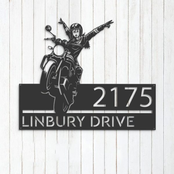 Personalized Girl Biker Motorbike Rider  Address Sign House Number Plaque Custom Metal Sign