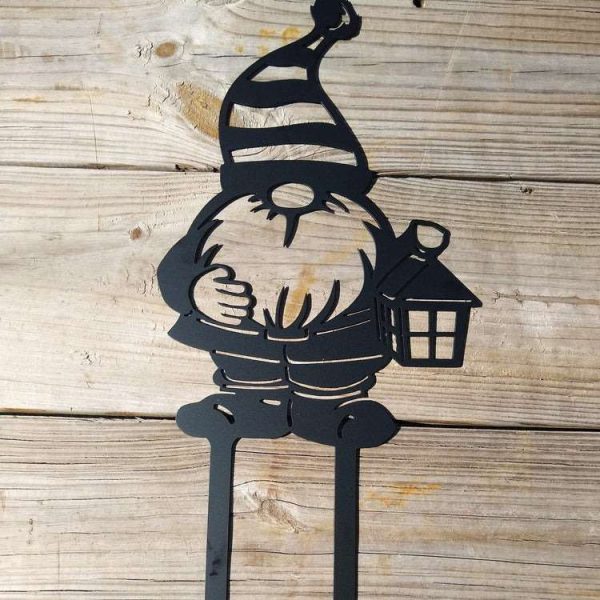 Personalized Gnome Holding Lantern Garden Stakes Decorative Custom Metal Sign