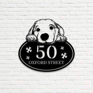 Personalized Golden Retriever Dog Cute Puppy Address Sign House Number Plaque Custom Metal Sign 3 1