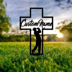 Personalized Golfer Cross Memorial Sign Yard Stakes Dad Grave Marker Cemetery Decor Custom Metal Sign 1