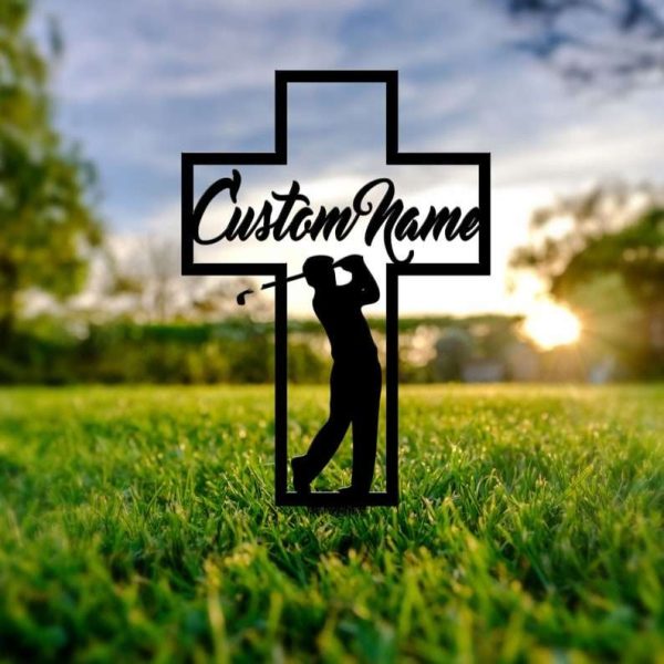 Personalized Golfer Cross Memorial Sign Yard Stakes Dad Grave Marker Cemetery Decor Custom Metal Sign