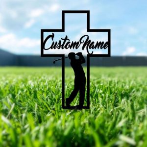 Personalized Golfer Cross Memorial Sign Yard Stakes Dad Grave Marker Cemetery Decor Custom Metal Sign 2