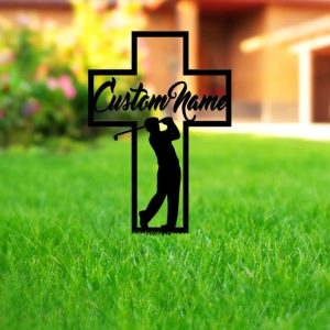 Personalized Golfer Cross Memorial Sign Yard Stakes Dad Grave Marker Cemetery Decor Custom Metal Sign 3