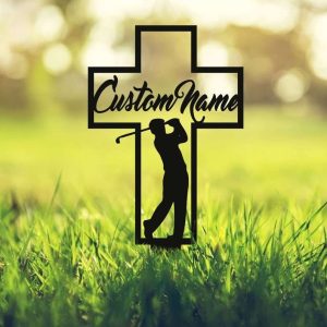 Personalized Golfer Cross Memorial Sign Yard Stakes Dad Grave Marker Cemetery Decor Custom Metal Sign 4