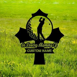 Personalized Golfer Memorial Sign Golfing Cross Yard Stakes Grave Marker Cemetery Decor Custom Metal Sign