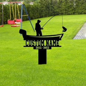 Personalized Gone Fishing in Heaven Memorial Sign Yard Stakes Fishing Fisherman Grave Marker Cemetery Decor Custom Metal Sign 1