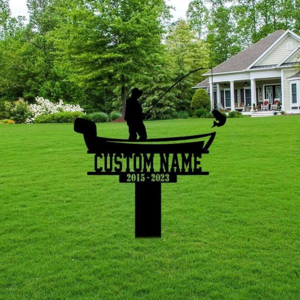 Personalized Gone Fishing in Heaven Memorial Sign Yard Stakes Fishing Fisherman Grave Marker Cemetery Decor Custom Metal Sign