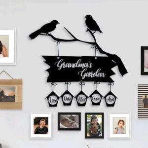 Personalized Grandmas Garden Grandkids Name Bird Perching Decorative Custom Metal Sign 1