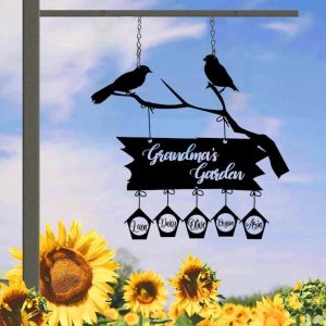 Personalized Grandmas Garden Grandkids Name Bird Perching Decorative Custom Metal Sign 2