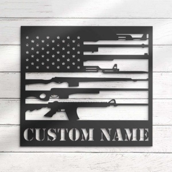 Personalized Gun American Flag Sign Independence Day Veteran Day Patriotic Decor Custom Metal Sign