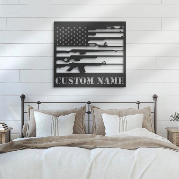 Personalized Gun American Flag Sign Independence Day Veteran Day Patriotic Decor Custom Metal Sign