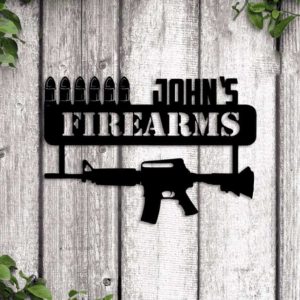 Personalized Gun Sign Name with Weapon Independence Day Veteran Day Patriotic Decor Custom Metal Sign