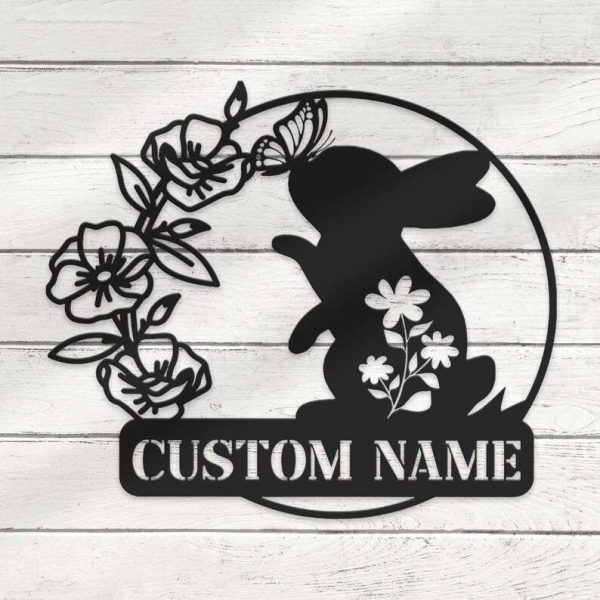 Personalized Happy Easter Rabbit Butterfly Bunny Lawn Yard Decorative Garden Custom Metal Sign Housewarming Gift