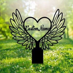 Personalized Heart With Wings Memorial Sign Yard Stakes Grave Marker Cemetery Decor Custom Metal Sign 1