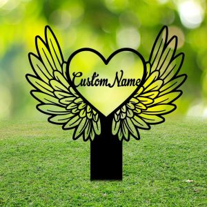 Personalized Heart With Wings Memorial Sign Yard Stakes Grave Marker Cemetery Decor Custom Metal Sign