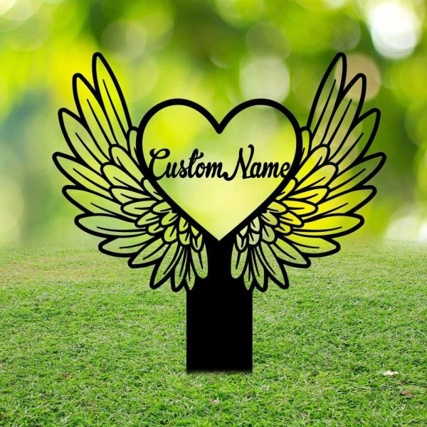 Personalized Heart With Wings Memorial Sign Yard Stakes Grave Marker Cemetery Decor Custom Metal Sign