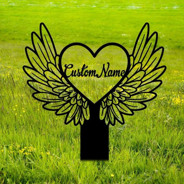 Personalized Heart With Wings Memorial Sign Yard Stakes Grave Marker Cemetery Decor Custom Metal Sign