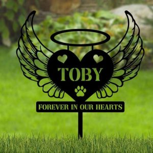 Personalized Heart with Angel Wings Dog or Cat Memorial Sign Yard Stakes Grave Marker Cemetery Decor Custom Metal Sign 1