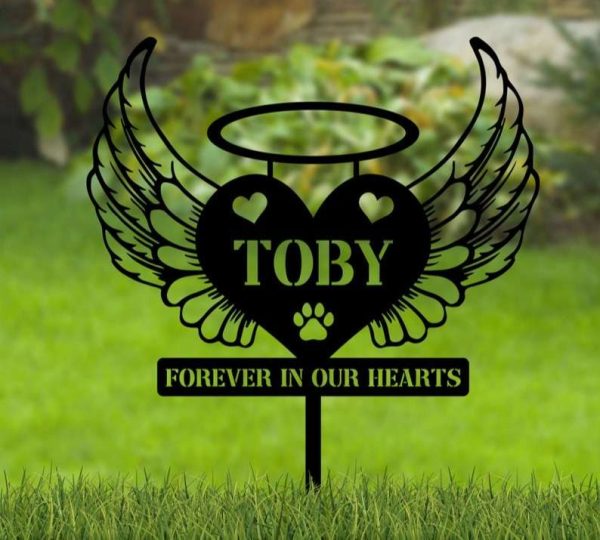 Personalized Heart with Angel Wings Dog or Cat Memorial Sign Yard Stakes Grave Marker Cemetery Decor Custom Metal Sign