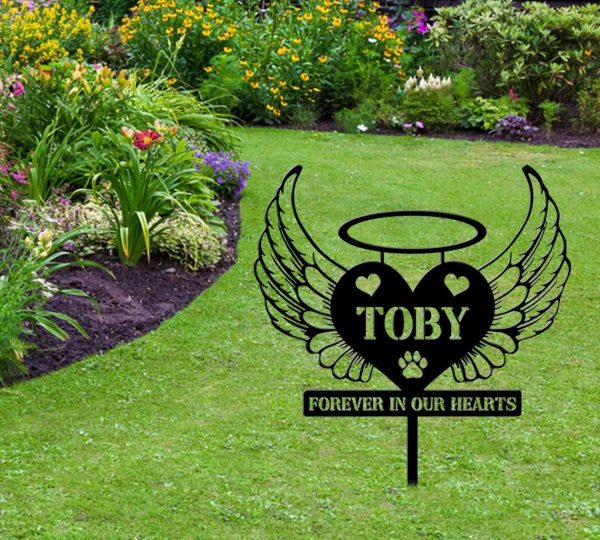 Personalized Heart with Angel Wings Dog or Cat Memorial Sign Yard Stakes Grave Marker Cemetery Decor Custom Metal Sign