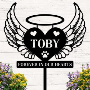 Personalized Heart with Angel Wings Dog or Cat Memorial Sign Yard Stakes Grave Marker Cemetery Decor Custom Metal Sign 3