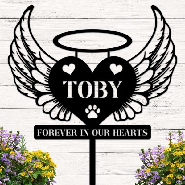 Personalized Heart with Angel Wings Dog or Cat Memorial Sign Yard Stakes Grave Marker Cemetery Decor Custom Metal Sign