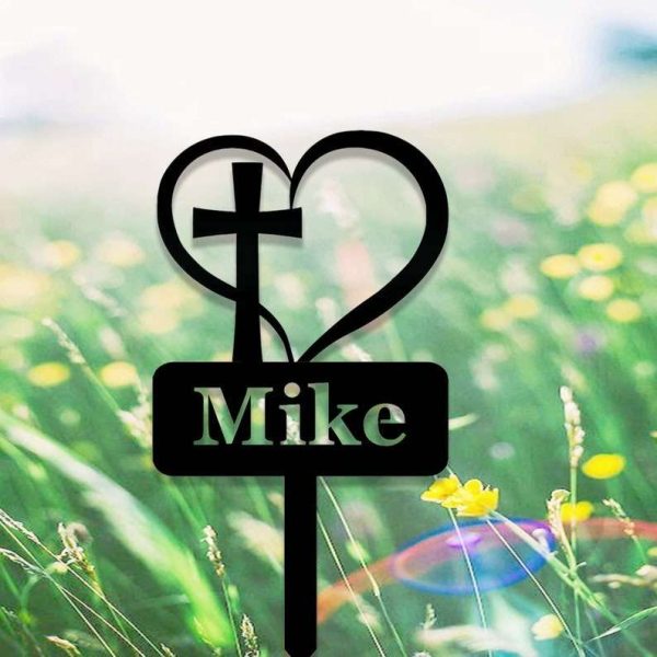 Personalized Heart with Cross Memorial Sign Yard Stakes Grave Marker Cemetery Decor Custom Metal Sign