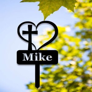 Personalized Heart with Cross Memorial Sign Yard Stakes Grave Marker Cemetery Decor Custom Metal Sign 4