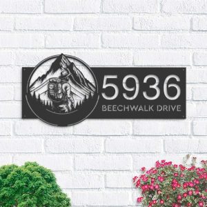 Personalized Hiker Camping Mountain Climbing V3 Address Sign House Number Plaque Custom Metal Sign 1