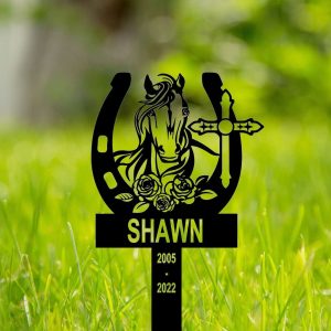 Personalized Horse Shoes with Cross Memorial Sign Yard Stakes Grave Marker Cemetery Decor Custom Metal Sign 3