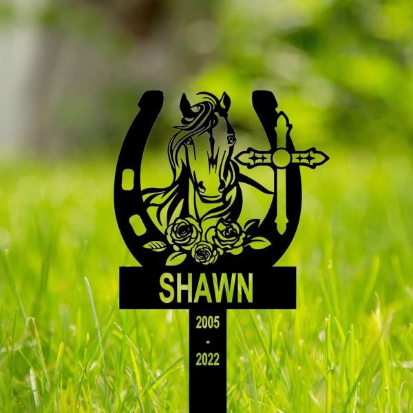 Personalized Horse Shoes with Cross Memorial Sign Yard Stakes Grave Marker Cemetery Decor Custom Metal Sign