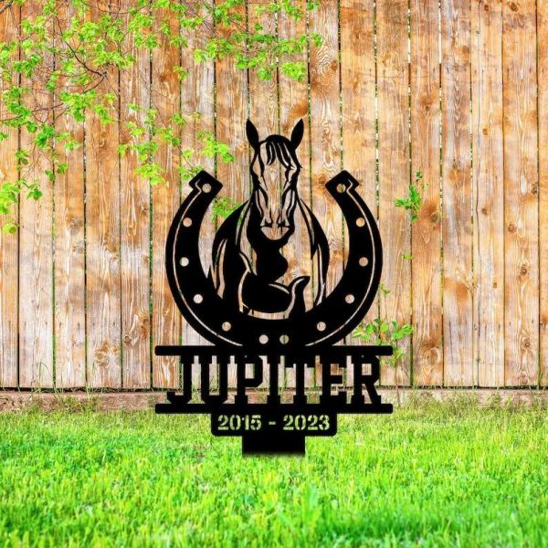 Personalized Horse With Horseshoe Memorial Sign Yard Stakes Grave Marker Cemetery Decor Custom Metal Sign